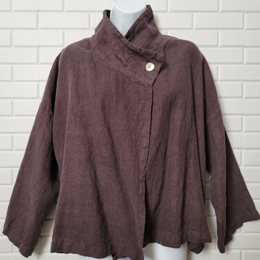 Vtg 1990s Bryn Walker Swing Jacket XL Dark Brown Linen Asymmetrical Funnel Neck